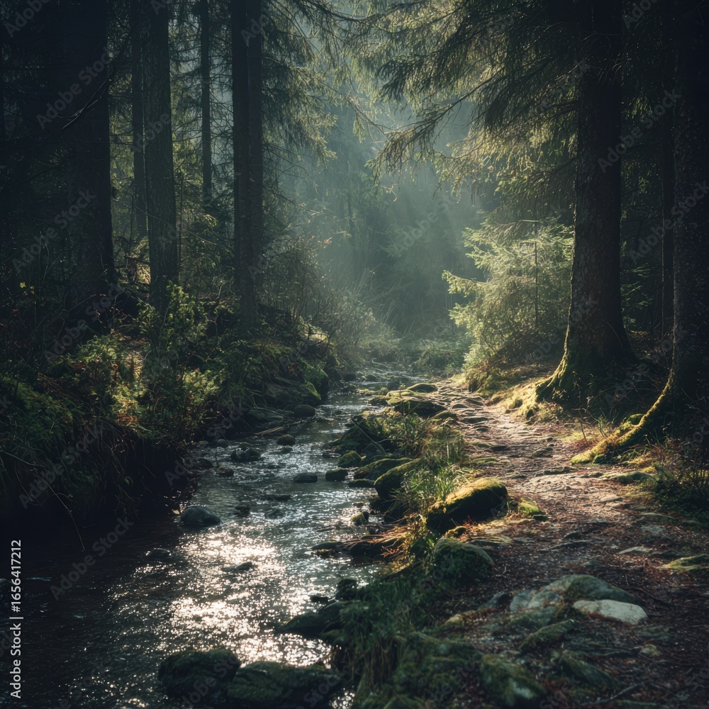Poster serene forest path with gentle stream and mystical light filtering through trees in a peaceful natur