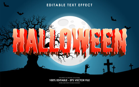 Editable happy halloween text effect with blue halloween theme background, gravestones, full moon