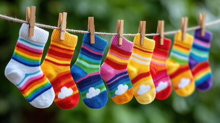 Rainbow Socks: Colorful socks hang from a clothesline, a cheerful and vibrant scene of freshly laundered textiles, showcasing the simple joys of domesticity.