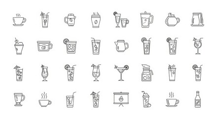 Fototapeta premium Collection of diverse beverage icons, from coffee to cocktails, presented in a clean, modern outline style.