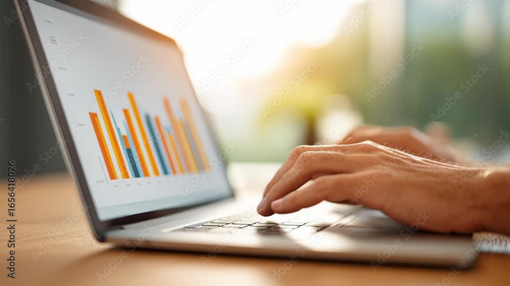 Poster person analyzing data on laptop with charts and graphs in soft natural lighting on a wooden table