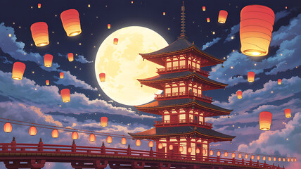 Red pagoda and lanterns under a full moon Japan temple