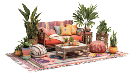 Boho Chic Interiors: Boho chic interior design with eclectic furniture, colorful textiles, and plants, isolated on a Transparent background, PNG file.