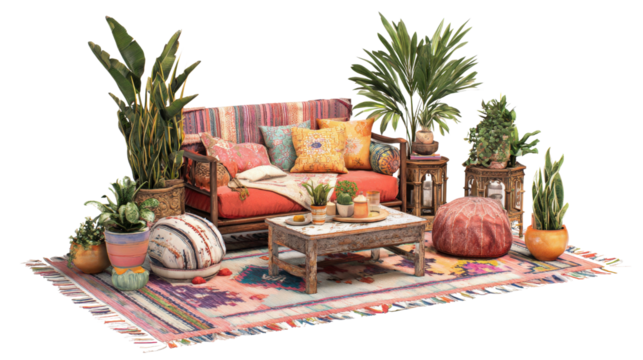 Boho Chic Interiors: Boho chic interior design with eclectic furniture, colorful textiles, and plants, isolated on a Transparent background, PNG file.