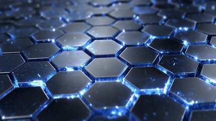 Obraz premium Futuristic metallic hexagons with blue glow in crevices, shallow depth of field