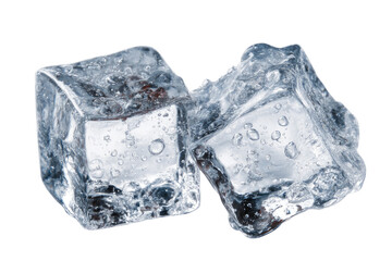 Two clear ice cubes, close-up, showing water droplets and air bubbles trapped inside