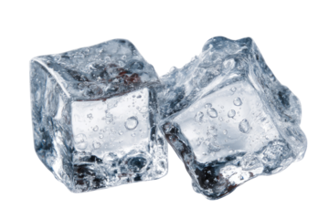 Two clear ice cubes, close-up, showing water droplets and air bubbles trapped inside
