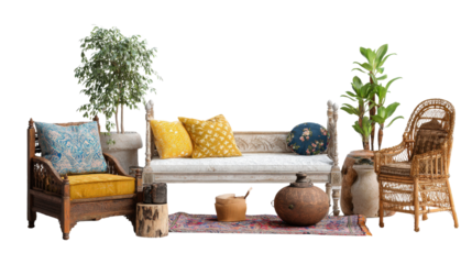 Boho Chic Interiors: Cozy boho chic interiors with relaxed furniture, bright patterns, and natural materials, isolated on a Transparent background, PNG file.