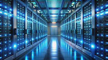 Modern server room with glowing blue lights for data storage