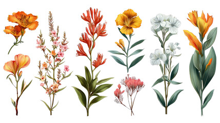 Botanical Illustrations: Beautiful botanical illustrations with detailed depictions of flowers and leaves, isolated on a Transparent background, PNG file.