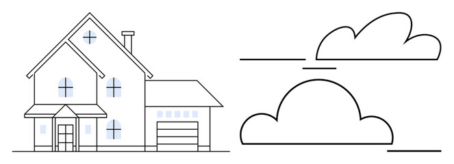 Modern two-story house with garage, windows, and pitched roof. Abstract linear clouds on the side. Ideal for real estate, construction, architecture, homeownership, minimalism urban design simple