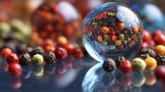 Close up of glass ball filled with beeds isolated on the glass with beeds 