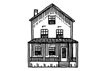 Fototapeta premium American or European house, French villa and mansion. Hand drawn, engraved building with one or two floors. Suburban Real estate property icon. Drawing