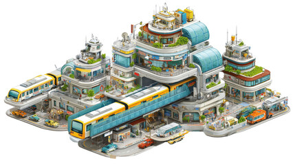 Advanced city with automated public transport, isolated on a Transparent background, PNG file.