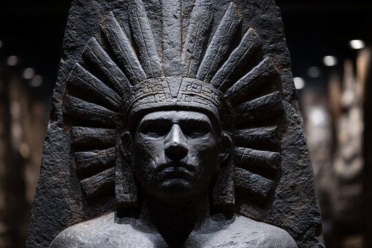 Carved stone warrior bust, feathered headdress in spotlighted chamber