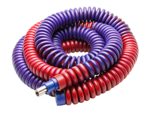 Purple Coiled Cable: Industrial Strength Power Cord with Red and Blue Connectors isolated on white background ,PNG.AI Generated.