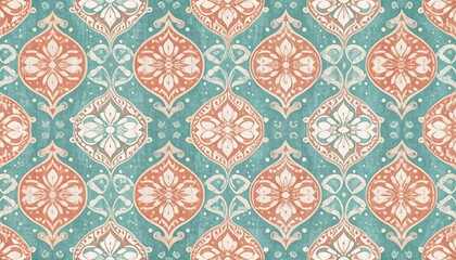 Fototapeta premium Vintage Floral Ornate Damask Pattern Design in Teal and Salmon