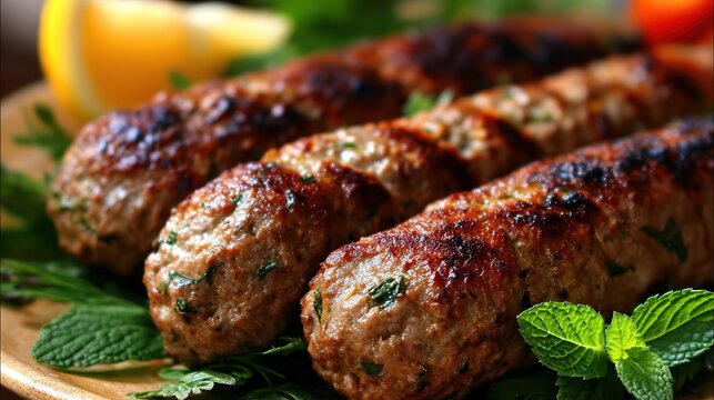 Succulent grilled kebabs arranged on a wooden platter, garnished with fresh herbs and accompanied by a lemon wedge, perfect for use in food blogs, menus, or culinary magazines,
