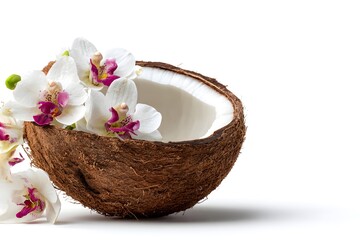Coconut shell with vibrant orchids arranged artistically, showcasing natural beauty on a clean backdrop