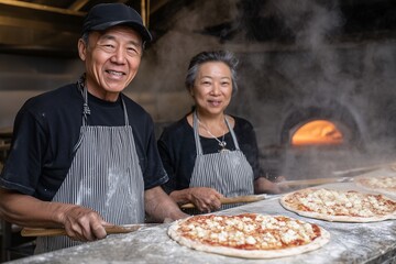 Older couple making pizza in kitchen, Happy chefs at pizzeria oven