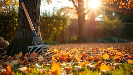 Autumn garden with fallen leaves and a rake leaning against a tree, bathed in warm golden light.