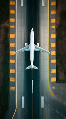 Aerial view of body aircraft departing airport runway, White aircraft on airport runway	
