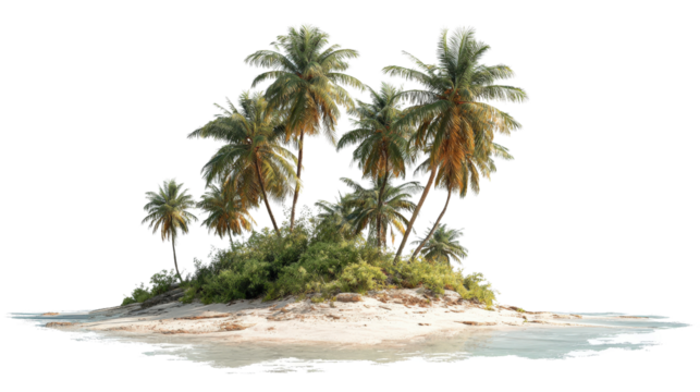 An idyllic tropical island beach with soft white sand and swaying coconut trees, isolated on a Transparent background, PNG file.