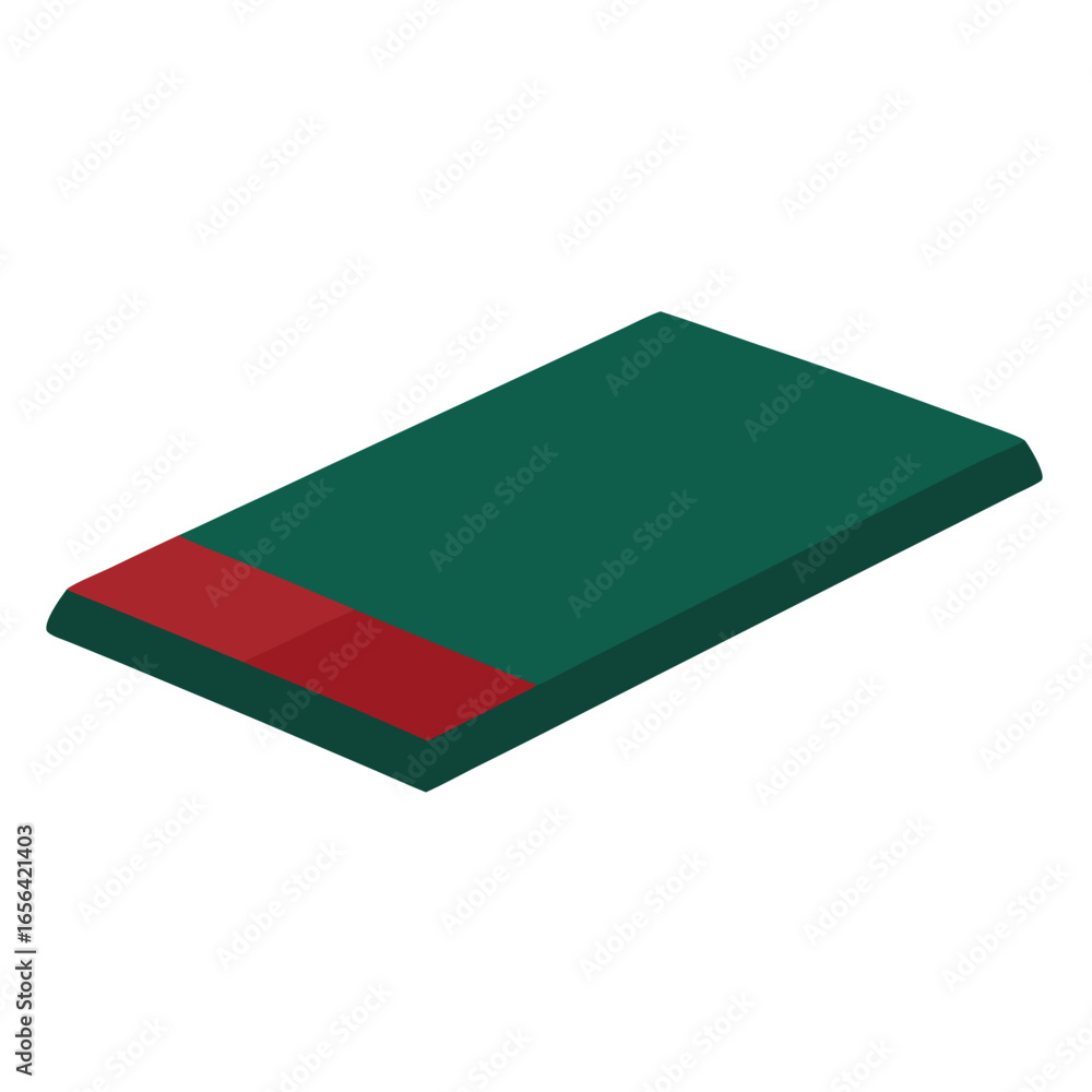 Poster isometric view of a dark green rectangular object with a red stripe