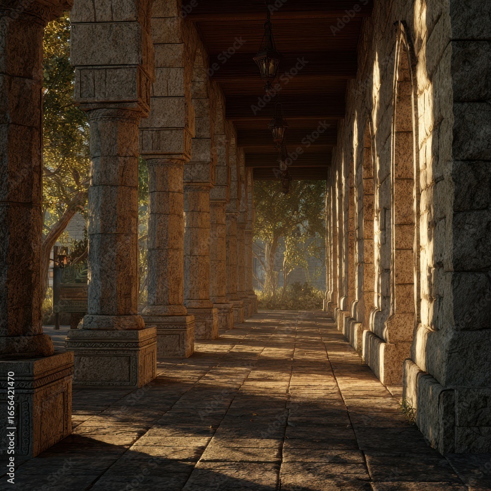 Poster serene stone corridor surrounded by lush greenery and soft natural light illuminating textured colum