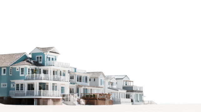 Coastal Living Photography: Peaceful coastal living photography with beach houses and calming ocean views, isolated on a Transparent background, PNG file.