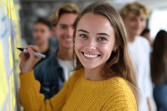 Smiling young woman writing ideas, Group collaboration in creative workspace
