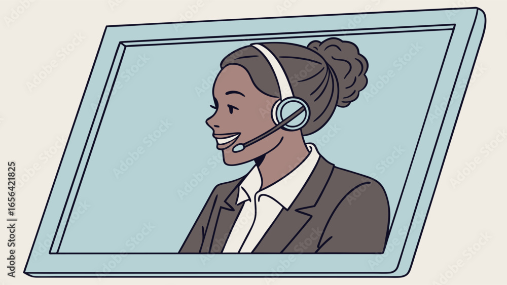 Poster smiling customer service representative with headset in frame.