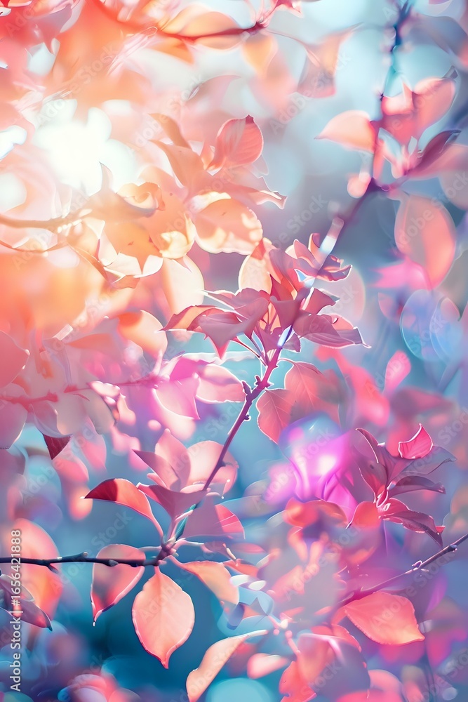 Poster delicate coral and turquoise leaves create dreamy natural backdrop with soft bokeh effect and ethere