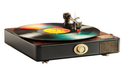 Classic Vinyl Records: Vintage vinyl records spinning on a turntable with nostalgic music vibes, isolated on a Transparent background, PNG file.