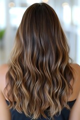 Naklejka premium Long wavy brunette hair with caramel balayage highlights shown from behind, demonstrating modern hair coloring technique and styling for beauty and salon advertising.