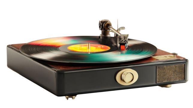 Classic Vinyl Records: Vintage vinyl records spinning on a turntable with nostalgic music vibes, isolated on a Transparent background, PNG file.
