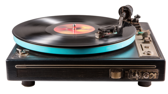 Classic Vinyl Records: Vintage vinyl records spinning on a turntable with nostalgic music vibes, isolated on a Transparent background, PNG file.