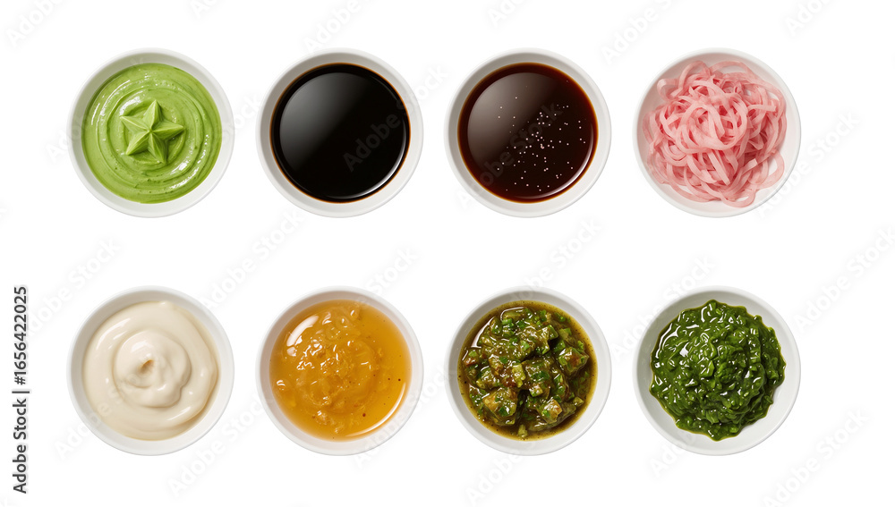 Poster an isolated culinary collection featuring an array of diverse sauces and condiments in bowls
