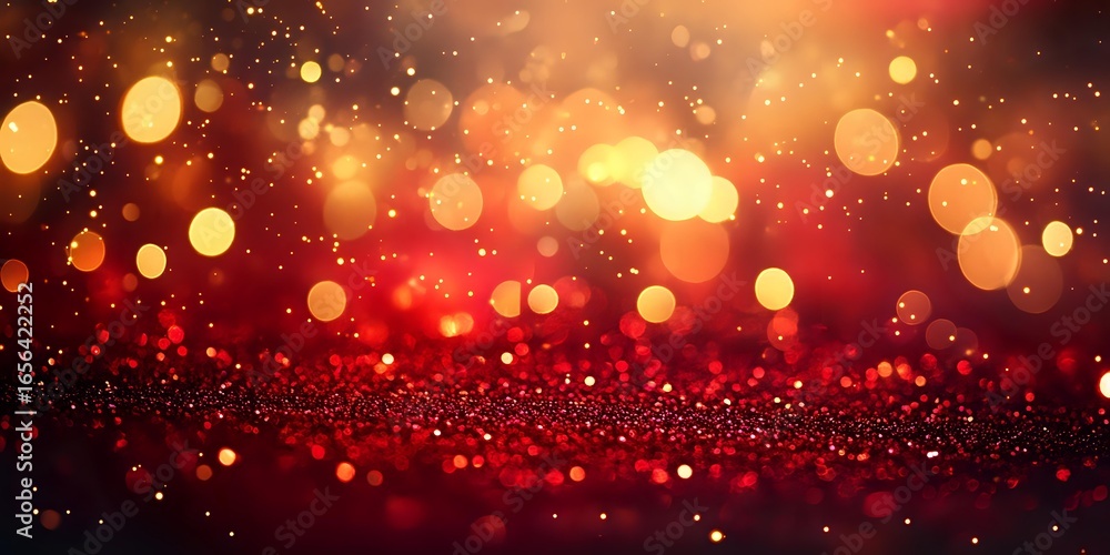 Poster glowing red and gold bokeh lights create magical festive atmosphere with sparkling glitter particles