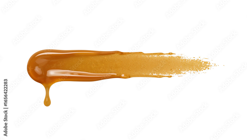 Poster horizontal stroke of viscous caramel with a falling drop on a plain background