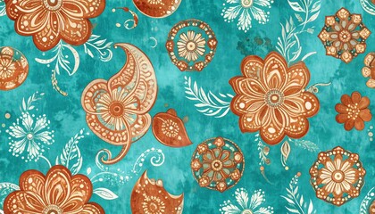 Ornate Copper and White Floral Medallions and Paisley on a Teal Watercolor Background