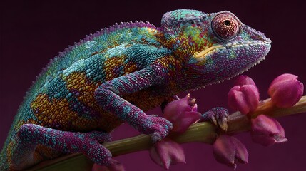 Fototapeta premium close up of multicolor chameleon on the branch 