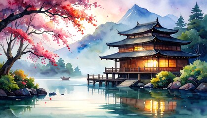 Serene asian temple by a tranquil lake.