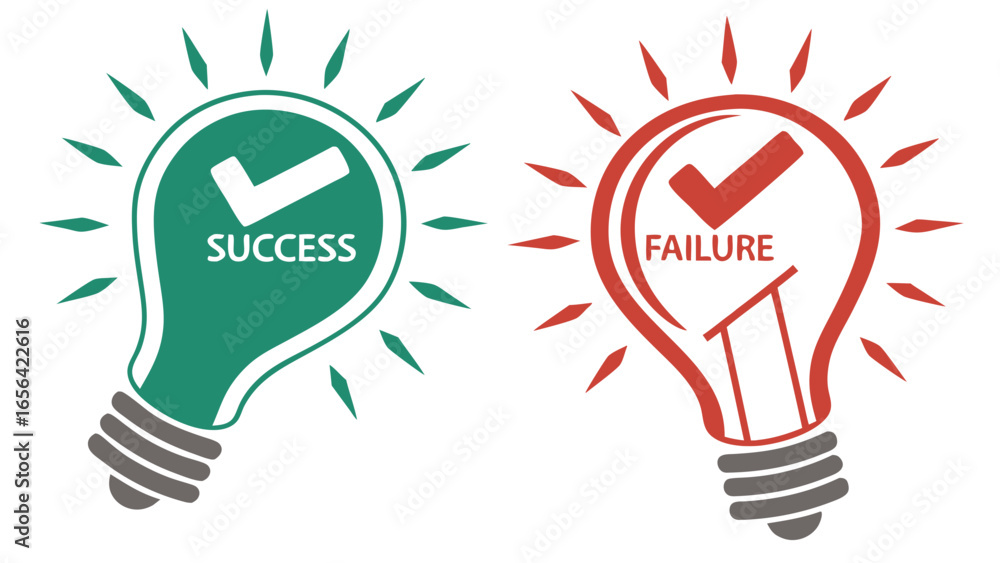 Poster success and failure lightbulb concepts with checkmarks.