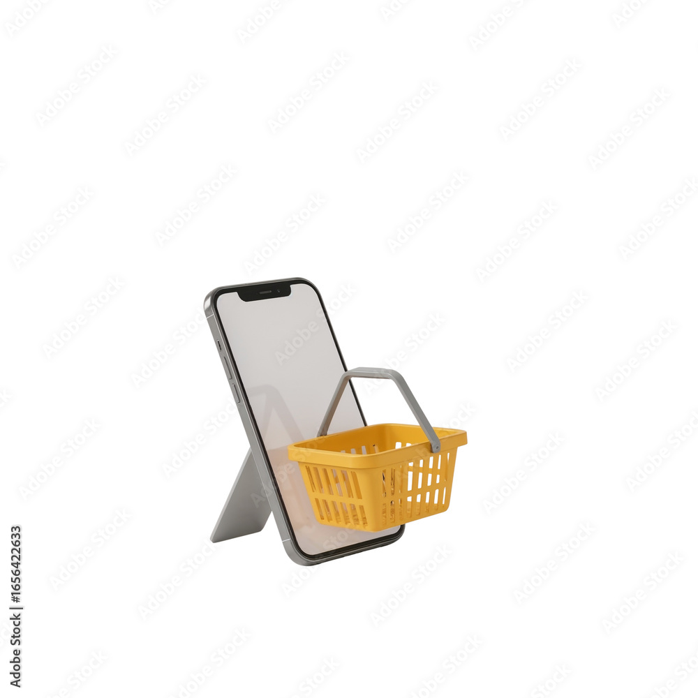 Poster minimalist depiction of mobile device displaying shopping basket icon isolated image