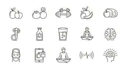 Icons representing healthy lifestyle choices for wellbeing and fitness