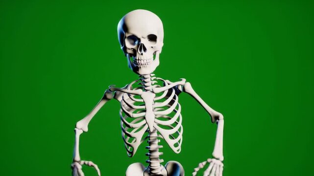 A white human skeleton model sits in a meditative pose against a solid green background with copy space.