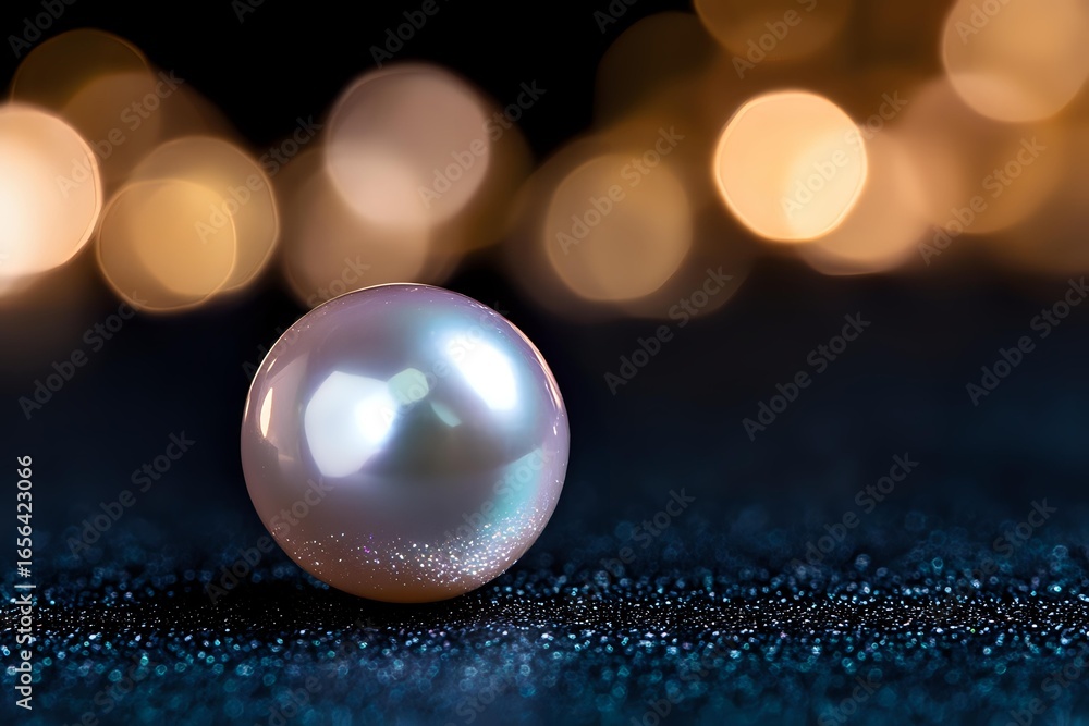 Poster single luminous pearl on dark textured surface with golden bokeh lights in background creating magic