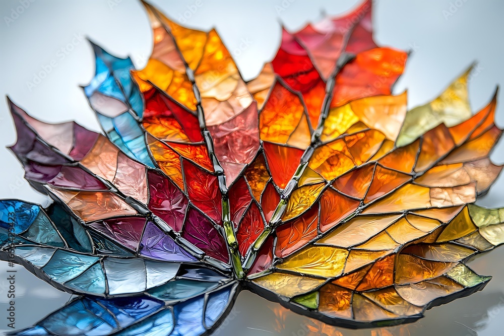 Poster vibrant autumn maple leaves arranged in circular pattern showcasing spectrum of fall colors from blu