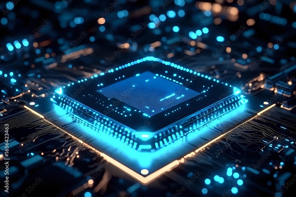 Aufkleber glowing blue microprocessor on circuit board with digital connections and electronic pathways, moder